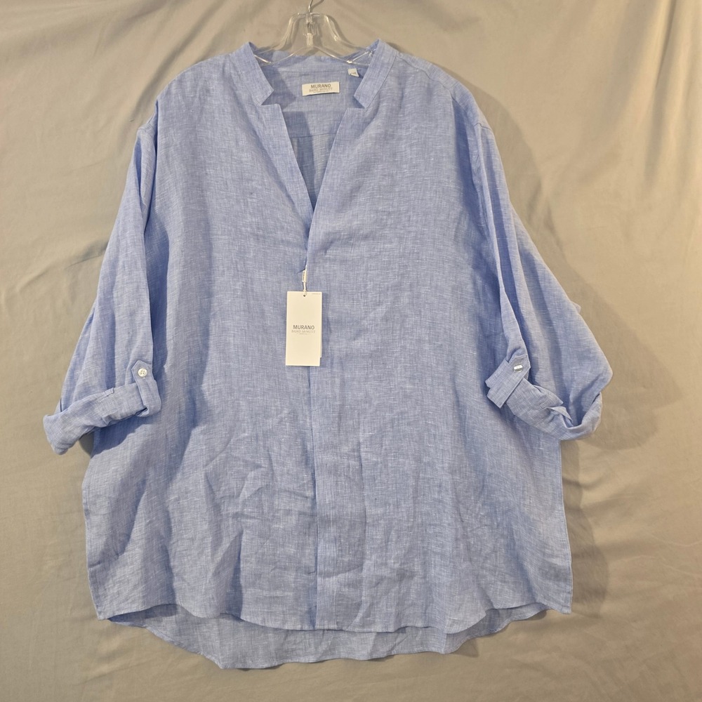 Murano Baird McNutt Linen Tunic 2XB Mens Blue Roll Tab Sleeve Pullover Shirt